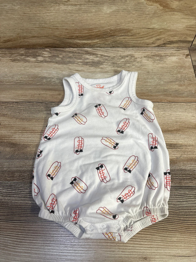 Top-down view of white Cat & Jack bubble romper with repeating hot dog print, sleeveless with elastic leg openings on wood background