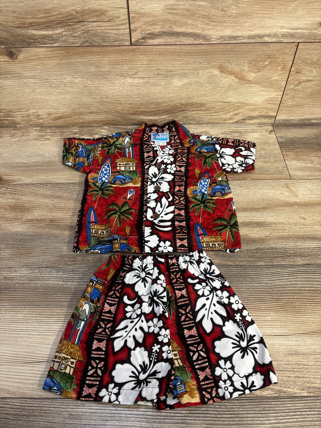 Flat lay of red 2-piece cabana set (shirt and shorts) showing tropical hibiscus print, button-front shirt and elastic waist on wood background
