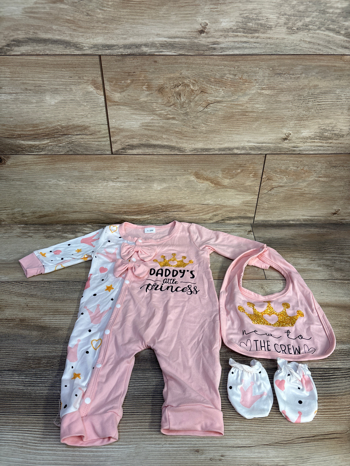 Shein 3pc Daddy's Little Princess Coverall, Bib, & Mittens Pink sz 1-3m