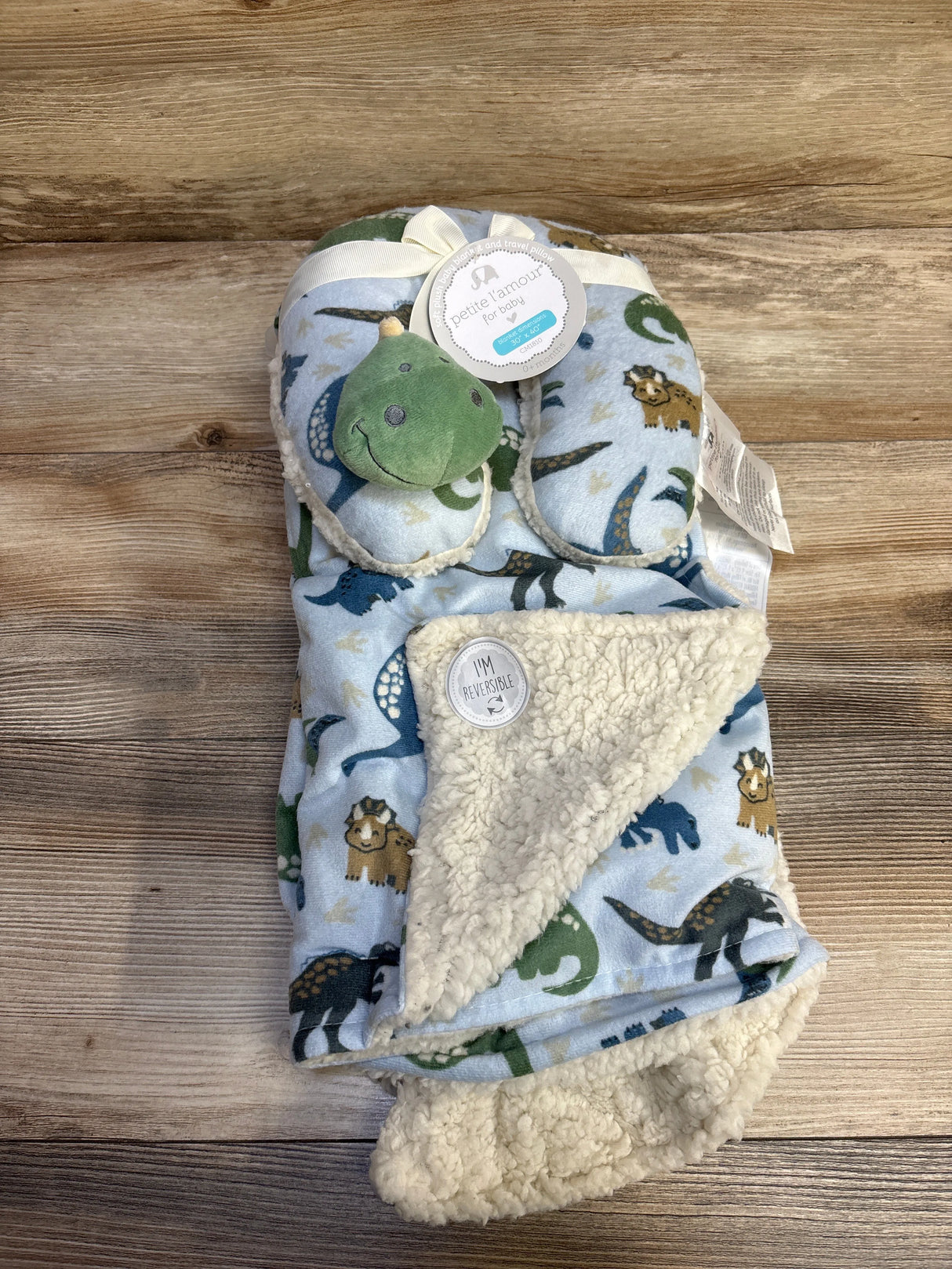 NEW Petite L'Amour Dinosaur Blanket Set Blue