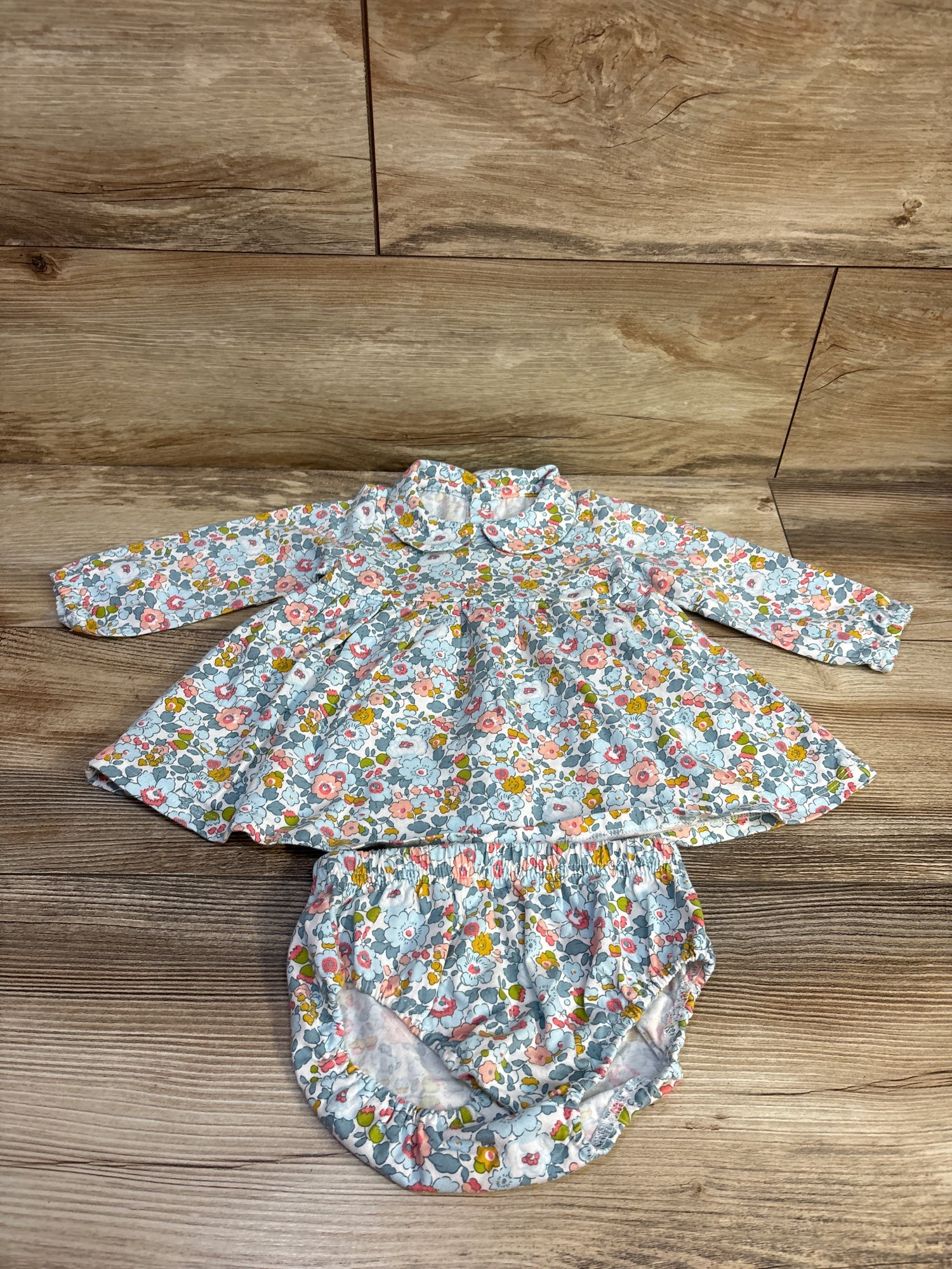 2pc Floral Long Sleeve Collared Top & Bloomers Set Blue sz 12m