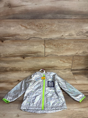 Front view of holographic silver rain jacket (3T) with lime green zipper and cuffs and Hop Skip patch on chest
