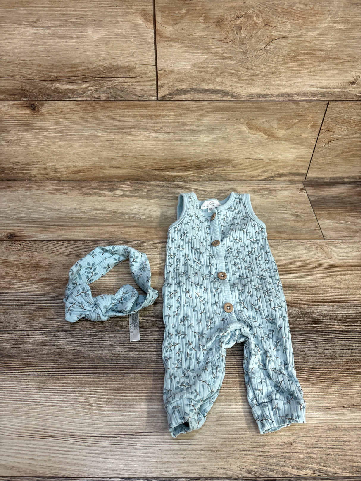 Willow + Whimsy 2pc Ribbed Jumpsuit & Headband Set Blue sz 3-6m