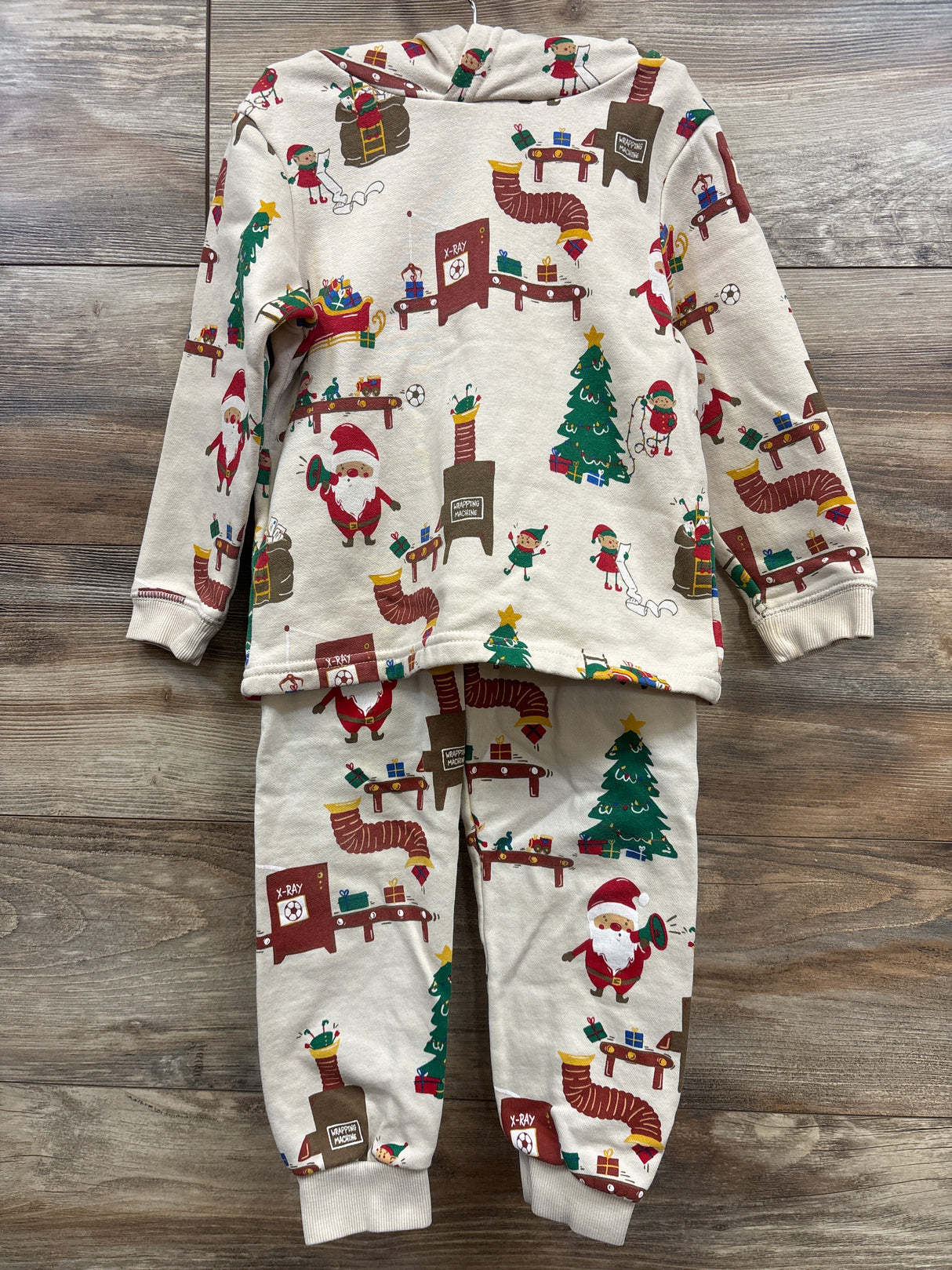 H&M 2pc Santa & Elf's Christmas Pull Over Hoodie & Joggers Beige sz 3-4T