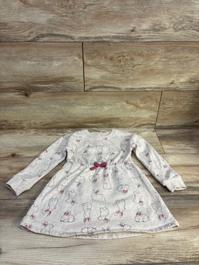Front view of beige Koala Kids rabbit print sweatshirt dress in size 3T showcasing long sleeves and waist bow on a wood floor