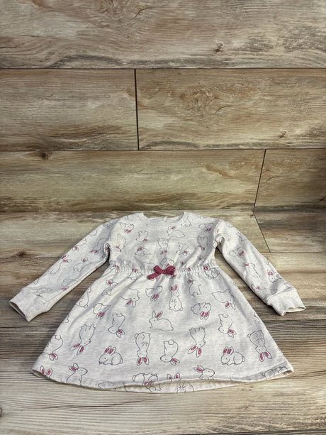 Front view of beige Koala Kids rabbit print sweatshirt dress in size 3T showcasing long sleeves and waist bow on a wood floor
