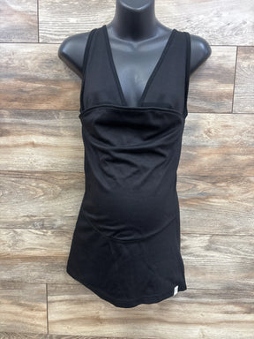 Black maternity tank top with ruched front, displayed on mannequin for expectant moms
