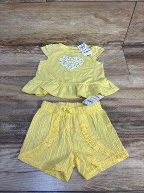 Yellow baby girl 2-piece set with floral heart top & ruffle shorts, 6-9 months