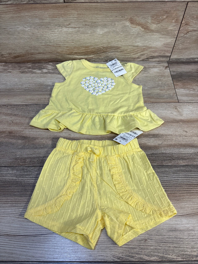 Yellow baby girl 2-piece set with floral heart top & ruffle shorts, 6-9 months