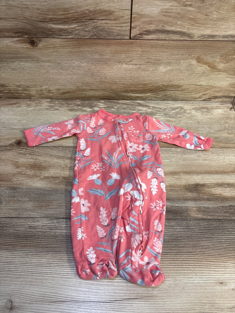 Carter's pink floral baby sleeper for infants, size 3m, on a wooden background.