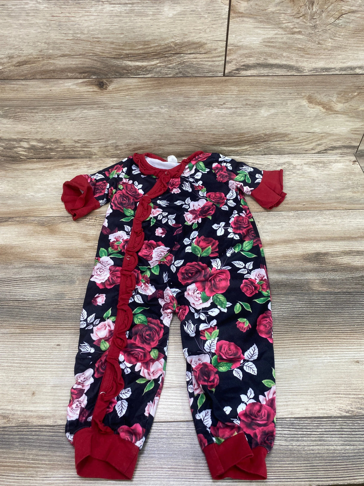 Shein Floral Ruffle Coverall Black/Red sz 18-24m