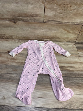 Front view of pink Disney Baby Minnie Mouse sleeper with white zipper and footed legs on a wood floor