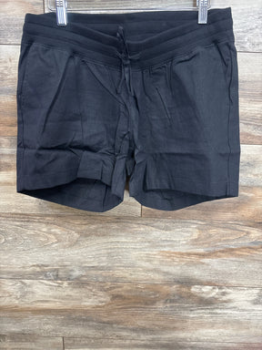 Black maternity shorts with drawstring waist, soft fabric, side pockets, displayed on hanger for resale