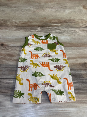 Baby dinosaur print romper with green trim, ideal for infant clothing and baby gear resale