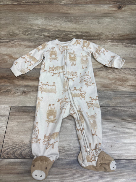 Front view of Carter’s Highland Cow Blanket Sleeper in beige, size 9 months, with cow print and footed design on wood floor