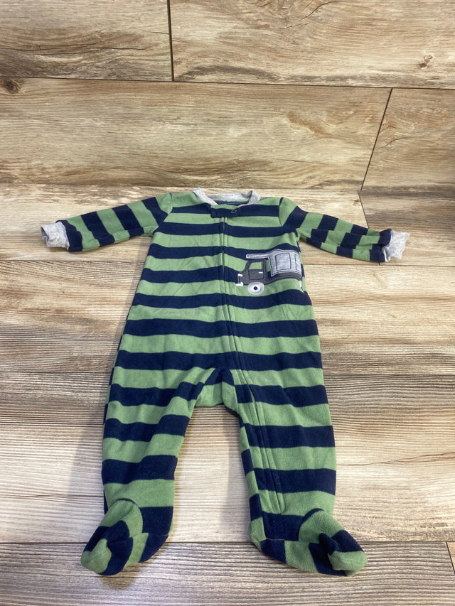 Front view of Carter’s green striped blanket sleeper showcasing a zipper, footed legs, and truck applique on wood flooring