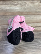 Pink and black toddler mittens with sport label on wood background at kids resale store