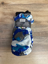 Blue and gray camouflage toddler mittens with black cuffs on wooden surface, children's winter gloves