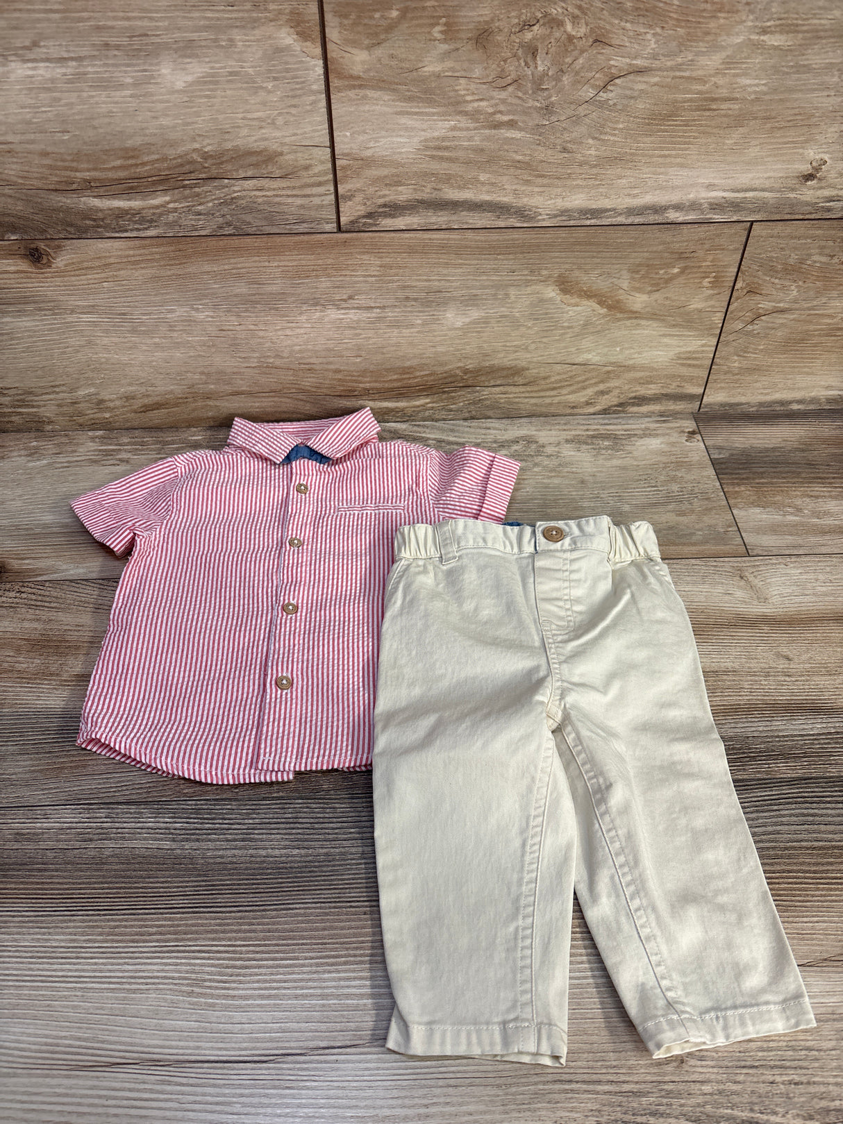 First Impressions 2pc Striped Seersucker Button-Up Shirt & Pants Set Red sz 6-9m