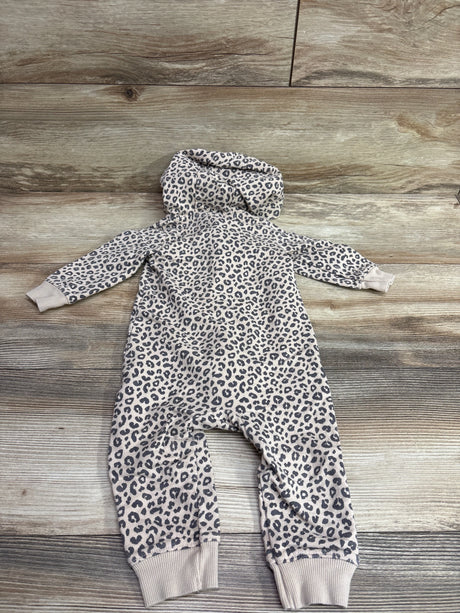 Carter's leopard print hooded coverall in tan for infants, displayed on a wooden background.