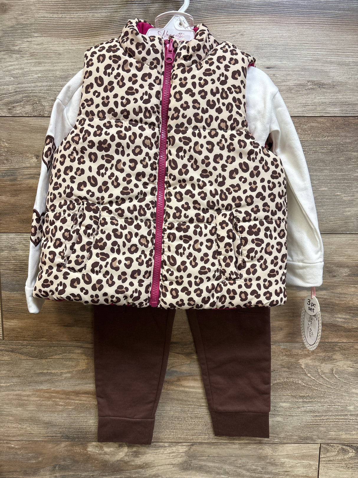 NEW Nannette 3pc Leopard Print Puffer Vest Set Tan sz 3T