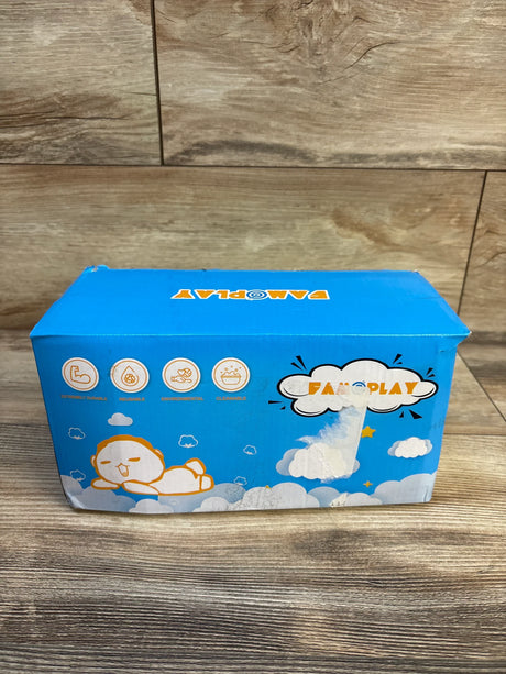Blue FamPlay baby product box with durable, reusable, eco-friendly features, on wood floor