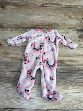 Pink fleece baby sleeper with rainbow and flower print, long sleeves, and zipper closure