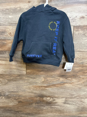 Front view navy toddler hoodie size 3T with KEEP IT REAL and SHOW LOVE prints, kangaroo pocket on wood