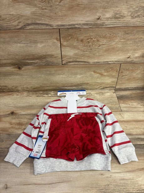 New Me n Mommy To Be Marvel Spider-Man grey striped pouch sweatshirt and red shorts set, size 2T.