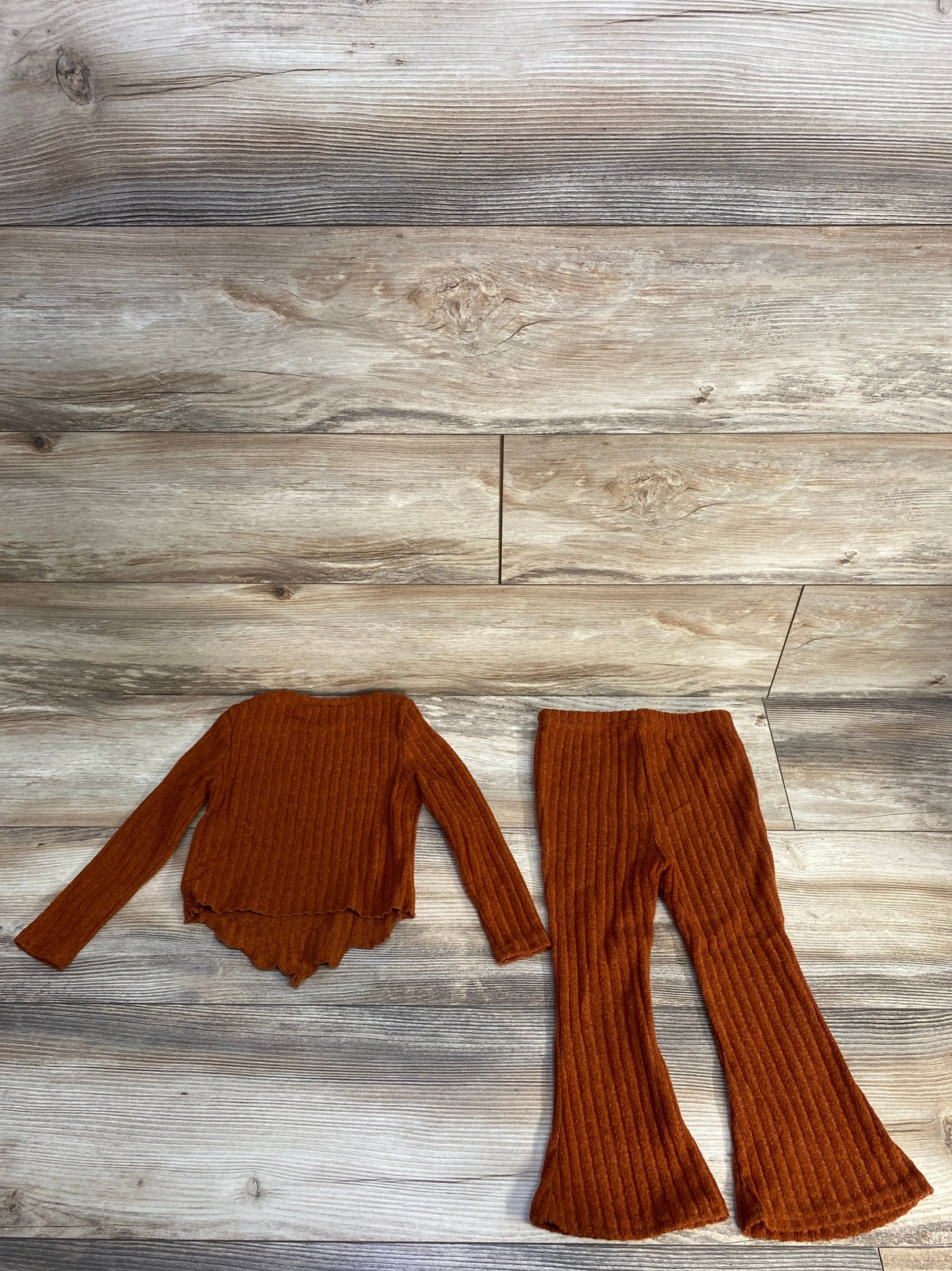 Shein 2pc Ribbed Lettuce Trim Top & Bottoms Set Rust sz 2-3T