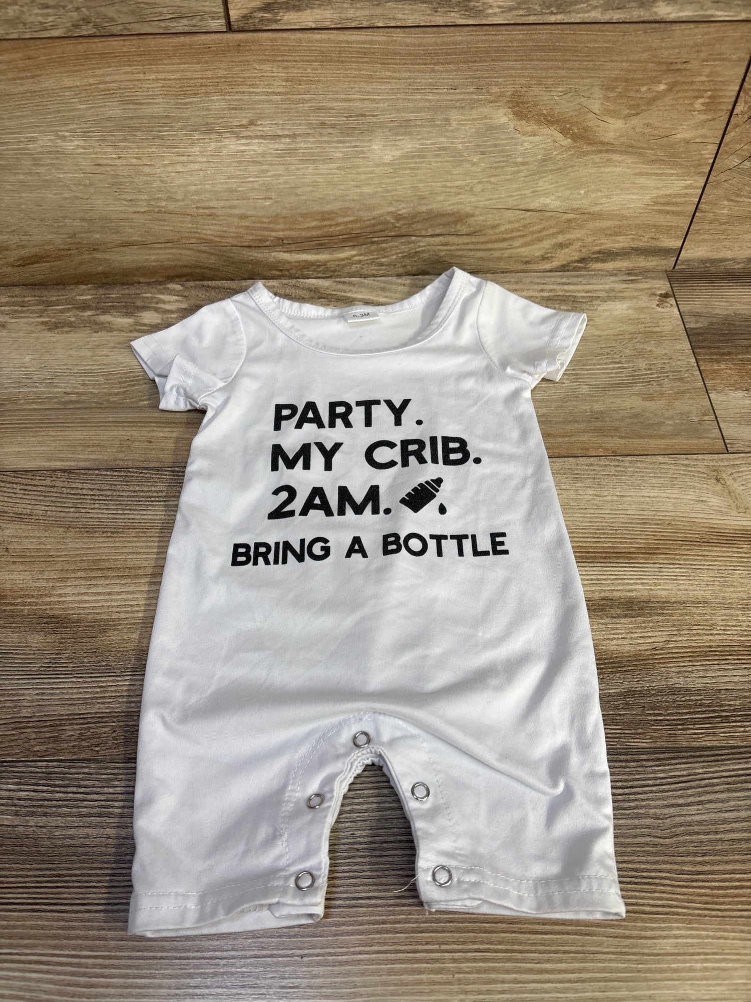 BFUStyle 'Party, My Crib. 2AM. Bring a Bottle.' Romper White sz 0-3m