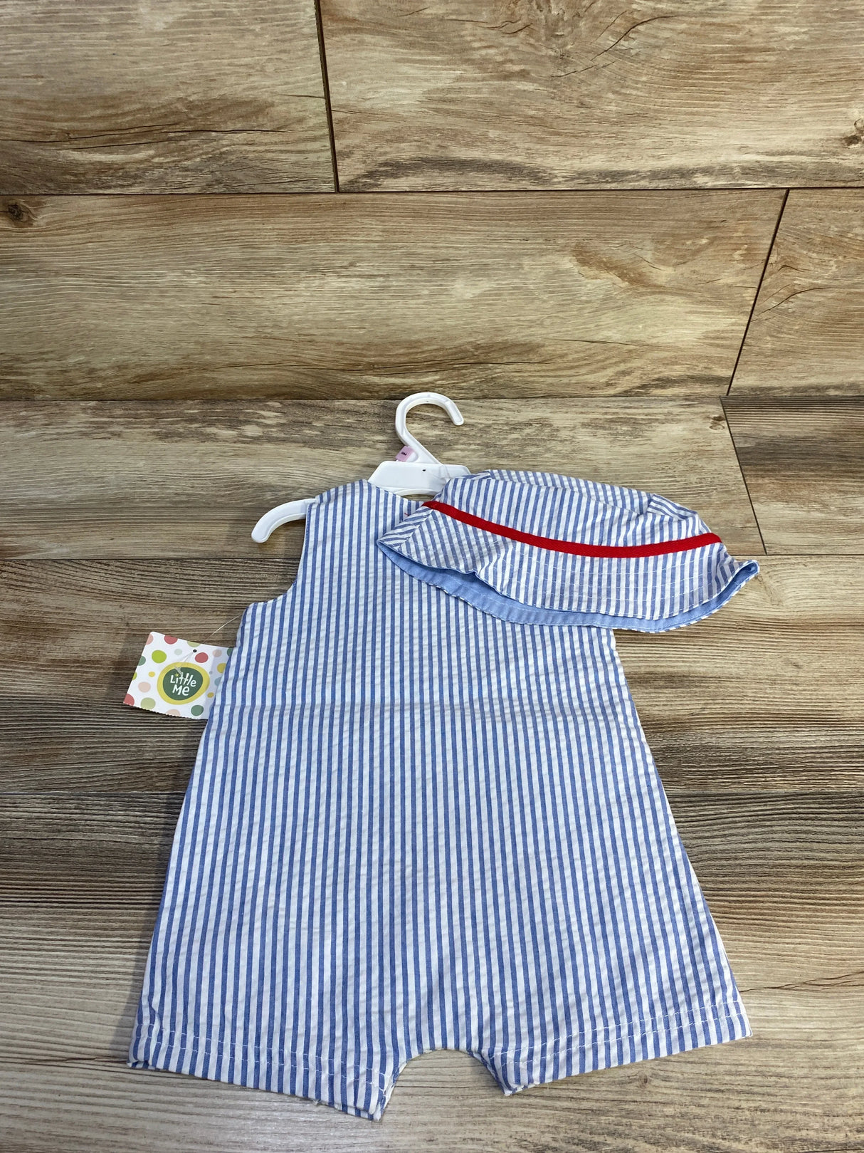 Little Me 2pc Baseball Seersucker Romper & Hat Set White sz 9m