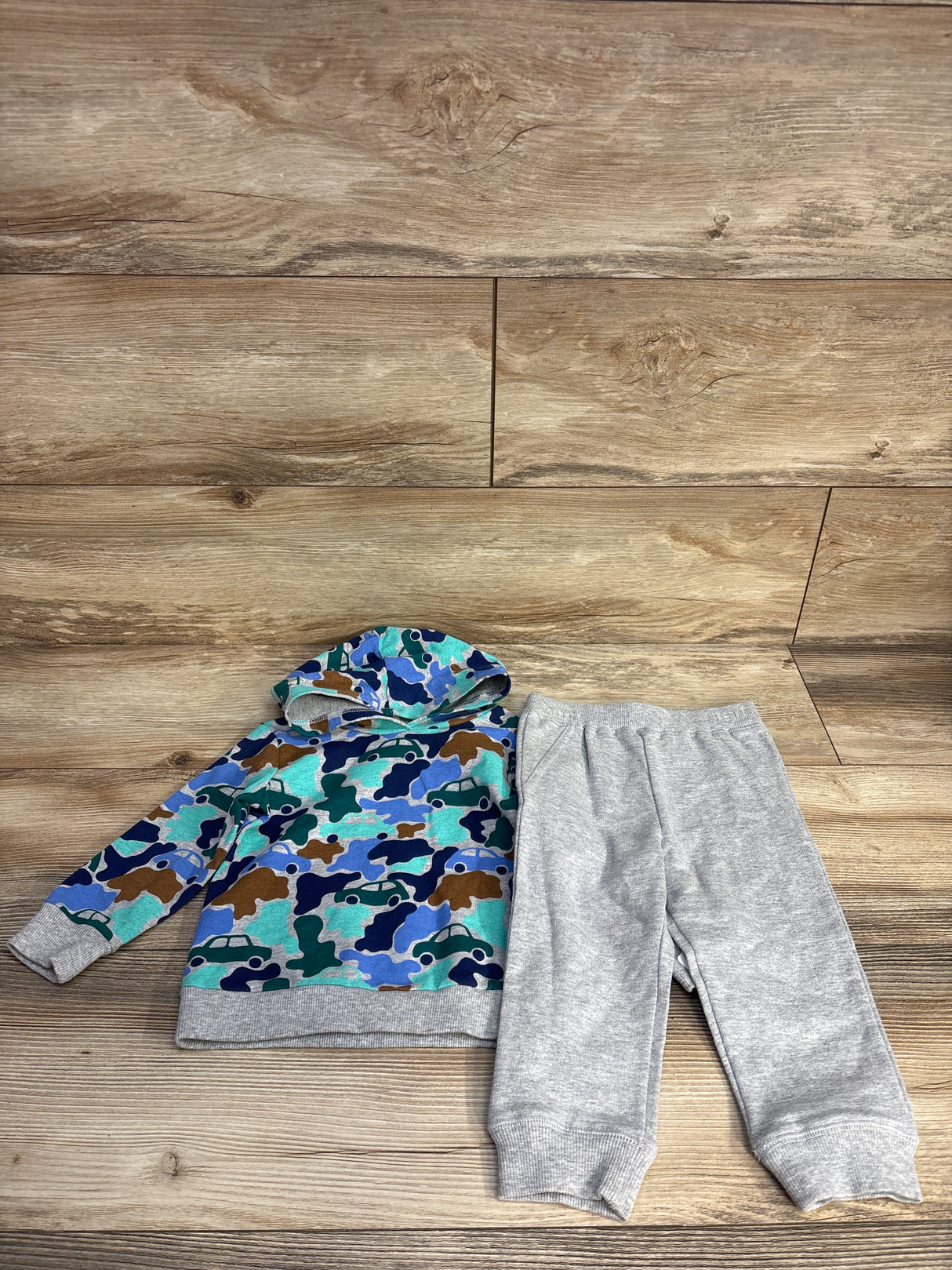 NEW Little Me 2pc Car & Camo Print Pull Over Hoodie & Jogger Set Grey sz 18m
