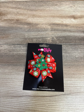 Festive red bow with snowflakes and glitter Christmas tree for kids, perfect holiday accessory