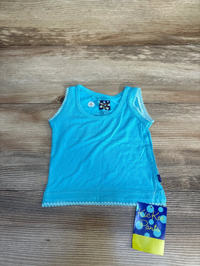Blue Kickee Pants sleeveless toddler tank top with lace trim, new with tag on wood background