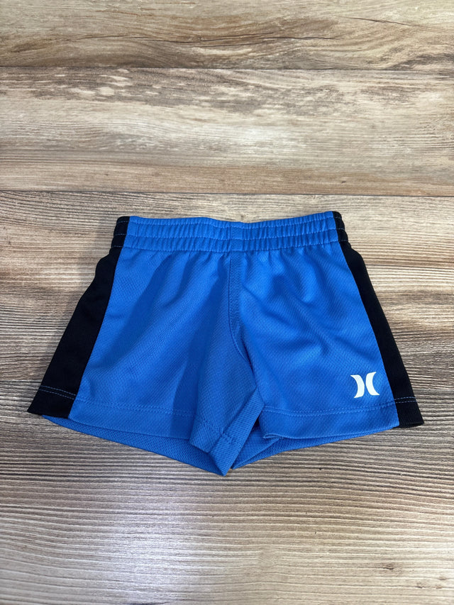 Flat-lay toddler Hurley blue shorts size 12 months showing elastic waistband, black side panels and white logo
