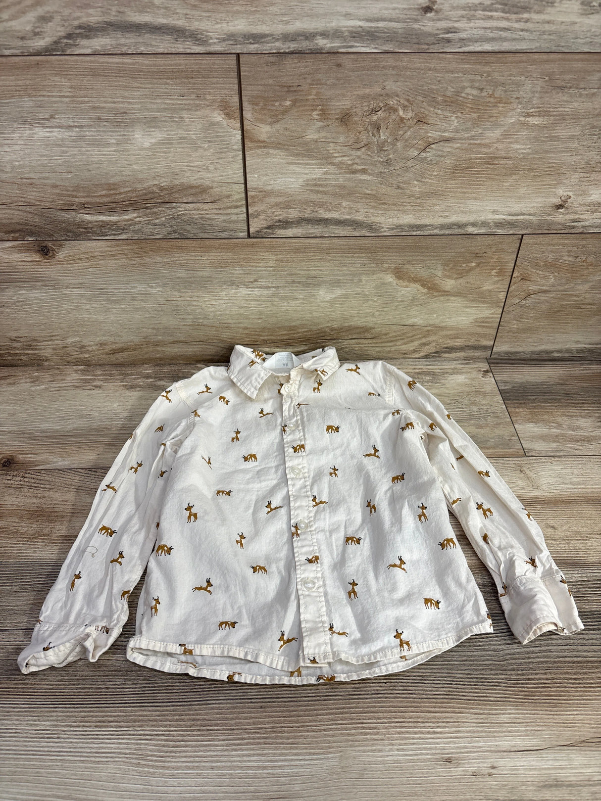 H&M Reindeer Print Button Up Shirt Cream sz 5T