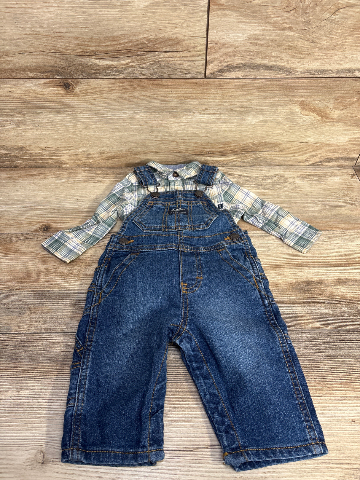OshKosh 2pc Plaid Shirt & Denim Overalls Set Green sz 6m