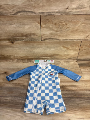 Blue and white checkered baby rash guard with Mickey Mouse, UPF 50+, 6M size, on wood floor