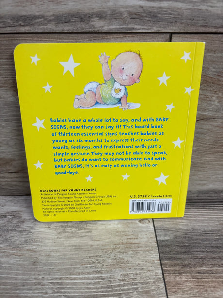Back cover of Baby Signs Board Book showcasing a yellow cover, baby illustration, and text about thirteen essential signs