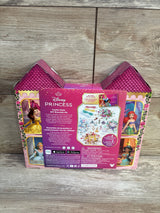Front view of Disney Princess Castle DIY bracelet kit box showing packaged beads, charms, and princess artwork on wood floor