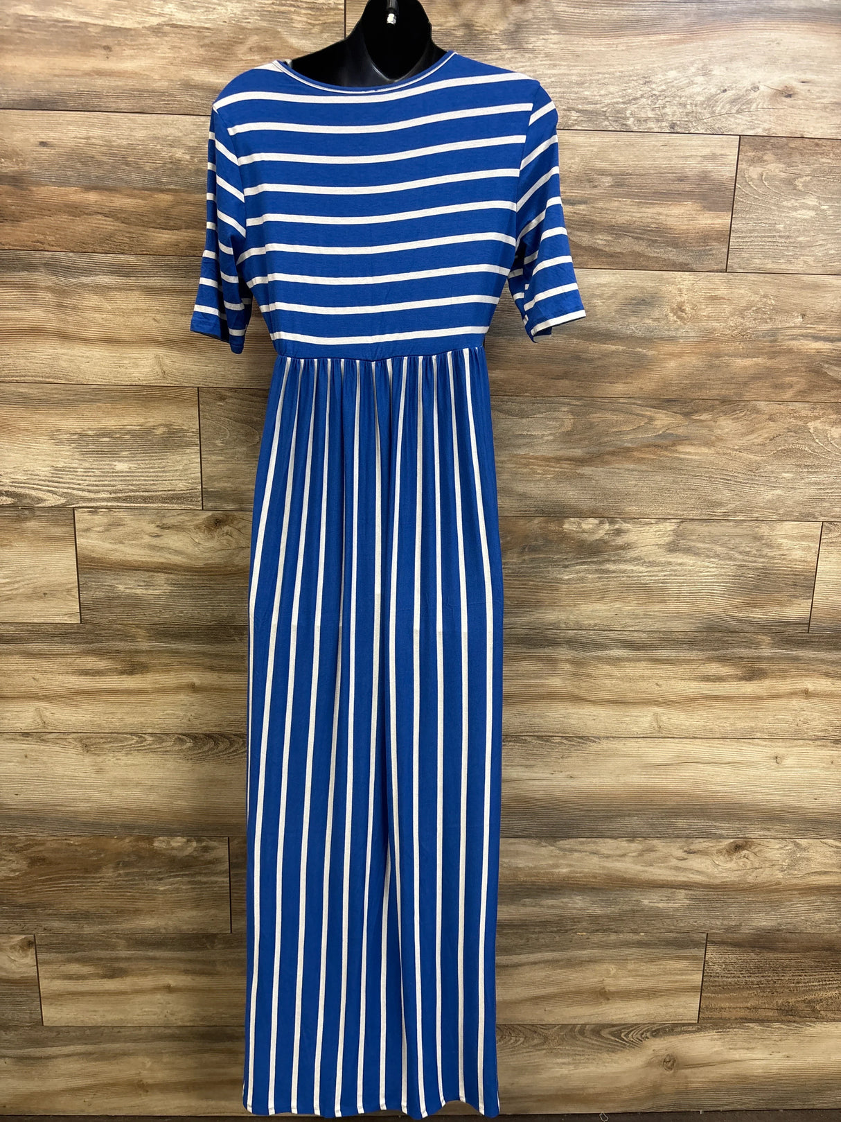 NEW Pinkblush Maternity Short Sleeve Striped Maxi Dress Blue sz Large