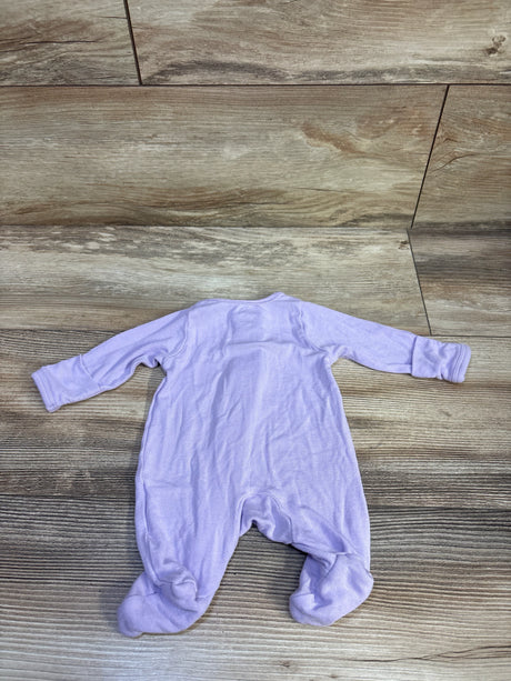 Back view of Wonder Nation modal sleeper in purple, preemie size, showing long sleeves and built-in feet on wood floor