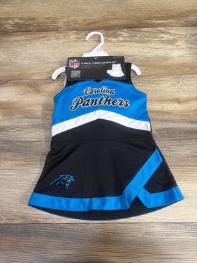 NFL Carolina Panthers kids 2-piece cheerleader set with black, blue, and white uniform on hanger