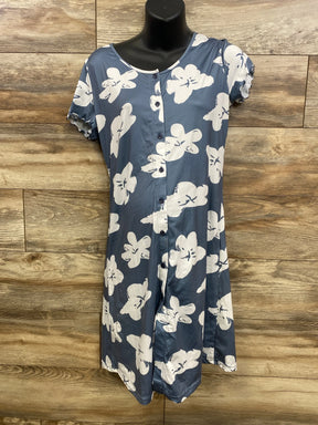 Front view of maternity Ekouaer button-up nightgown, grey-blue with white floral print and ruffled sleeves on wood background