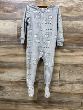 Gray baby footed pajamas with zebra print, long sleeve, zip front, on wooden hanger