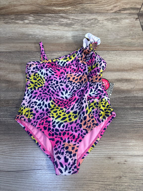 Colorful girls one-shoulder leopard print swimsuit with ruffle detail on wood background