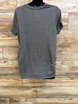 Front view of gray Sonoma maternity shirt with short sleeves on a black mannequin against a wood plank background