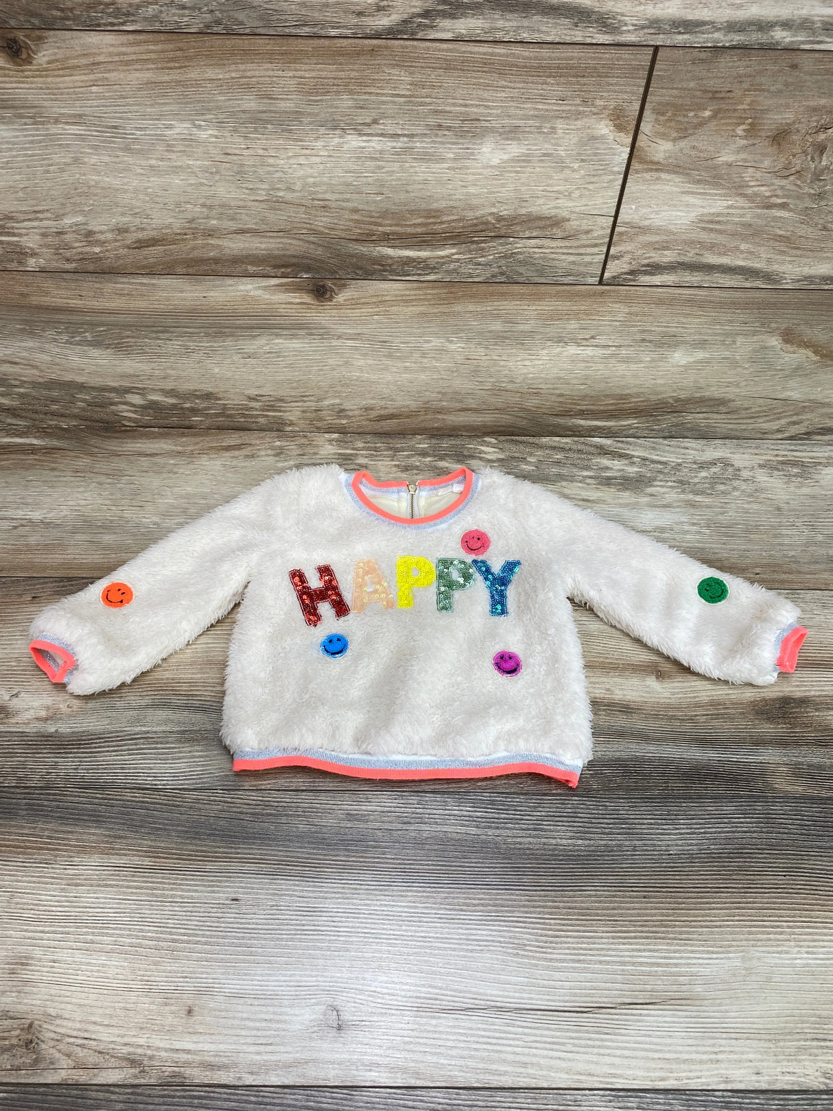 Baby Sara Faux Fur Cream Sequin "Happy" Sweatshirt sz 24m