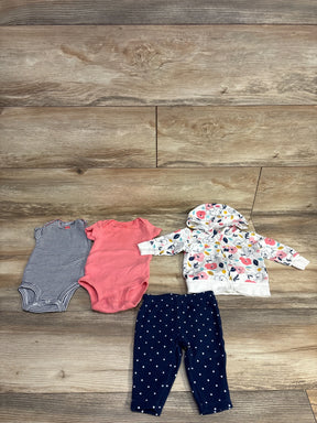 Top view of Simple Joys 4-piece newborn (0-3M) floral zip jacket set: two onesies, floral hoodie, navy polka-dot pants